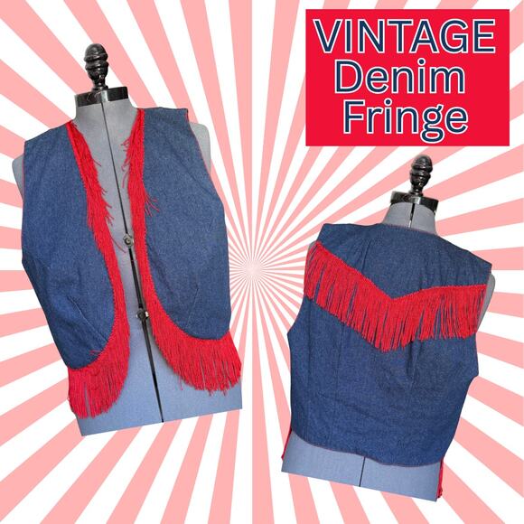 Plus Size 2X Vintage 80s 90s Blue Denim Red Fringe Cowgirl Rodeo Western Costume - Picture 1 of 8